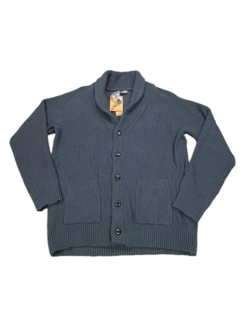 PJ Paul Jones Cardigan Sweater Men's Large Gray Ribbed Knit Pockets Shawl Collar